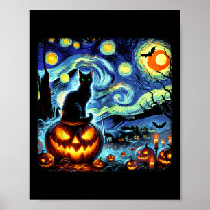 Affiche Halloween Van Gogh Starry Night Chat noir Citrouil