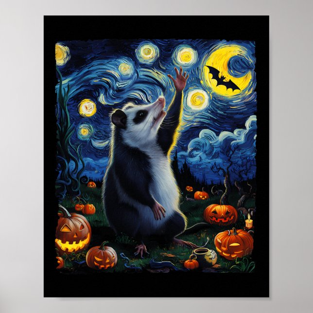Affiche Halloween Van Gogh' Starry Night Opossum Citrouill (Devant)