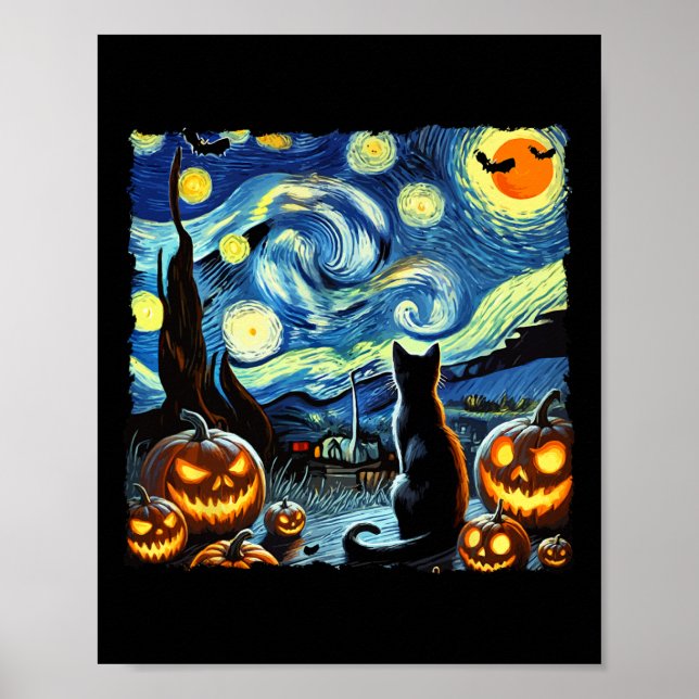 Affiche Halloween Van Gogh Starry Nuit Noir Chat (Devant)