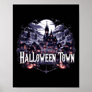 Affiche Halloween Ville Skeleton Ghost Citrouille Hallowee