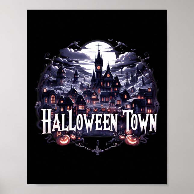 Affiche Halloween Ville Skeleton Ghost Citrouille Hallowee (Devant)