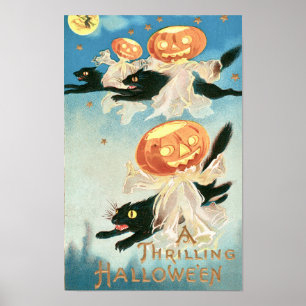 Affiche Halloween Vintage Chats Noirs & Citrouilles