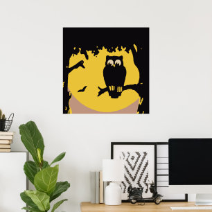 Affiche Halloween vintage, Chouette Éffrayante en arbre av