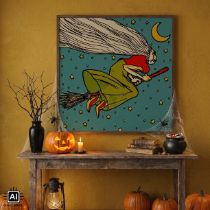 Affiche Halloween vintage, sorcière maléfique volant sur u