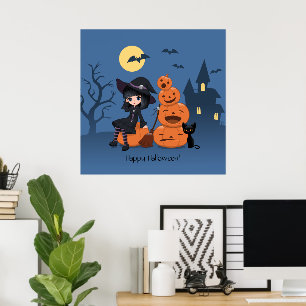 Affiche Halloween Witch, Chat noir et Citrouille