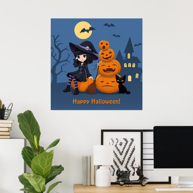 Affiche Halloween Witch, Chat noir et Citrouille (Bureau à domicile)