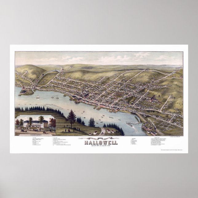 Affiche Hallowell, ME Carte panoramique - 1878 (Devant)