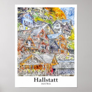 Affiche Hallstatt Autriche Voyage Aquarelle main tirée