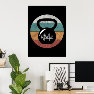 Affiche Haltère vintage personnalisé avec monogramme nom i