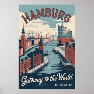 Affiche Hambourg Allemagne Rétro Skyline Paysage Urbain Vo