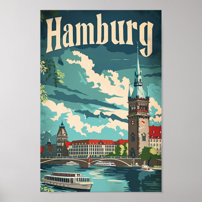 Affiche Hambourg Allemagne Vintage Retro Voyage Illustrati (Devant)