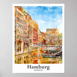 Affiche Hambourg Allemagne Voyage Aquarelle main tirée