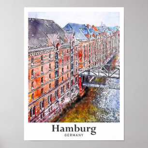 Affiche Hambourg Allemagne Voyage Aquarelle main tirée