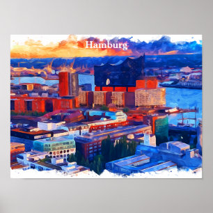 Affiche Hambourg Allemagne Vue ville Aquarelle