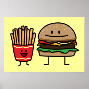 Affiche Hamburger et Fries fast food bun junk frit chaud