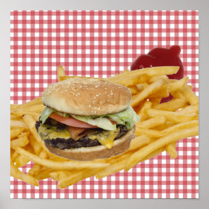 Affiche Hamburger, frites, fond à carreaux rouges et blanc