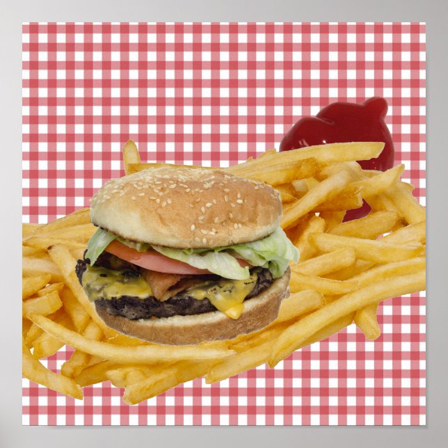 Affiche Hamburger, frites, fond à carreaux rouges et blanc (Devant)