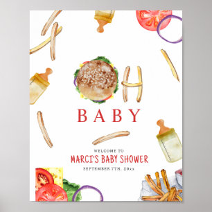 Affiche Hamburgers et bouteilles Oh Baby shower Bienvenue
