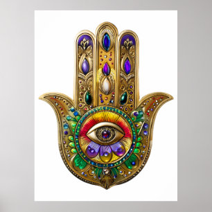 Affiche Hamsa Améthyste Rubis Troisième Œil Peint en Or