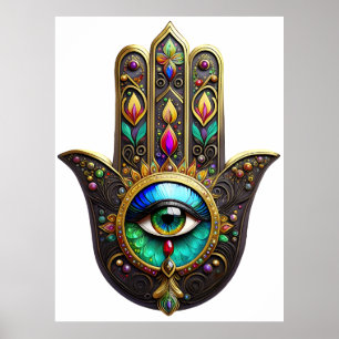 Affiche Hamsa Brun Coloré Troisième Oeil Arc-en-ciel