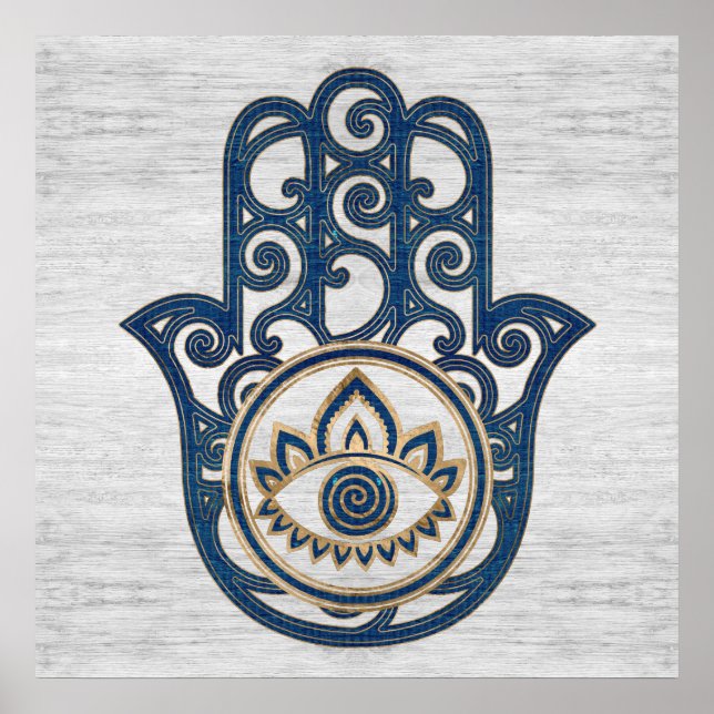 Affiche Hamsa Hand - Hand of Fatima blue wood (Devant)