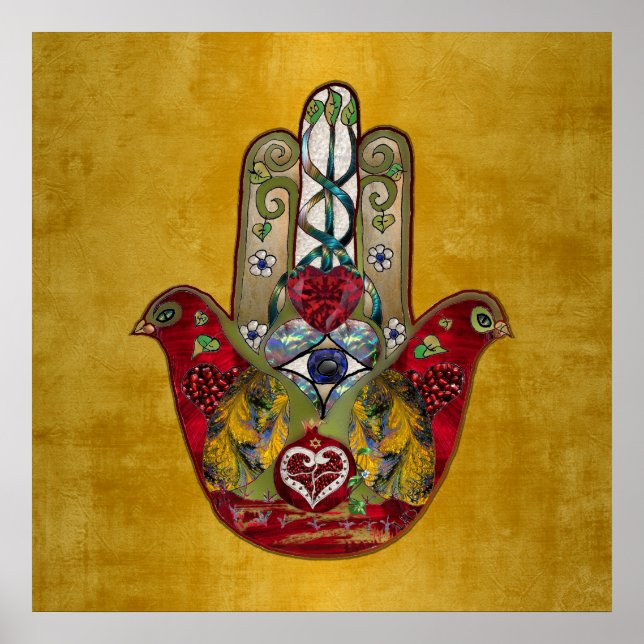 Affiche Hamsa Rouge Oiseau Cœur Grenade Rubis (Devant)