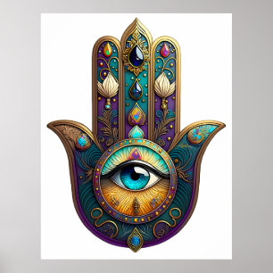 Affiche Hamsa Violet Turquoise avec Troisième Œil en Turqu