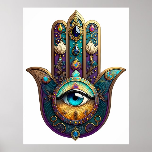 Affiche Hamsa Violet Turquoise avec Troisième Œil en Turqu (Devant)