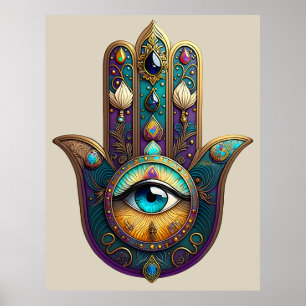 Affiche Hamsa Violet Turquoise avec Troisième Œil Turquois