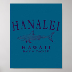 Affiche Hanalei hawaii requin vintage prune art pêche 