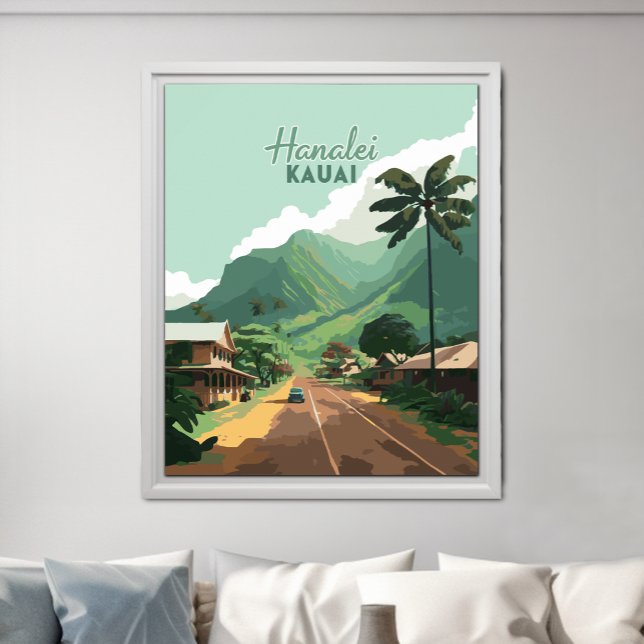 Affiche Hanalei Kauai Hawaii Bay Mounts Green (Hanalei town on Kauai's North Shore in Hawaii on a retro design poster.)