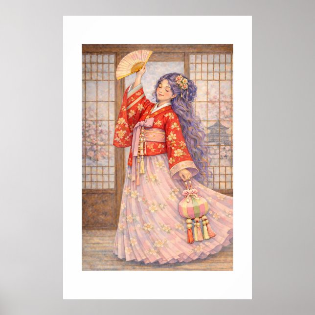 Affiche Hanbok Élégant avec Éventail (Devant)