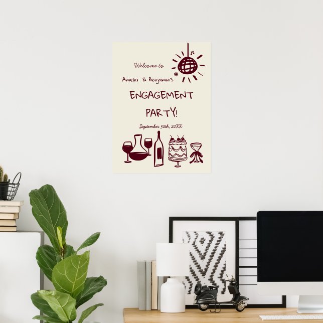 Affiche Hand Drawn Engagement Party Wedding Welcome Sign. (Bureau à domicile)