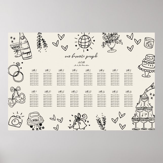 Affiche Hand Drawn Vintage Whimsical Wedding Seating Chart (Devant)