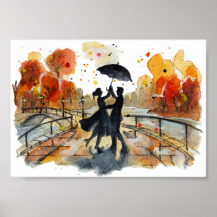 Affiche Hand Painted Autumn City Couple Silhouette Art