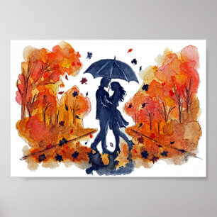 Affiche Hand Painted Autumn Couple Silhouette Watercolor