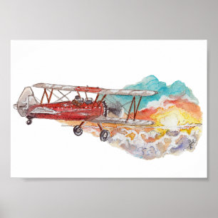 Affiche Hand Painted Biplane Bush Plane Sunset Watercolor