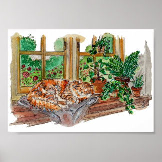 Affiche Hand Painted Cosy Window Cat Watercolor Art