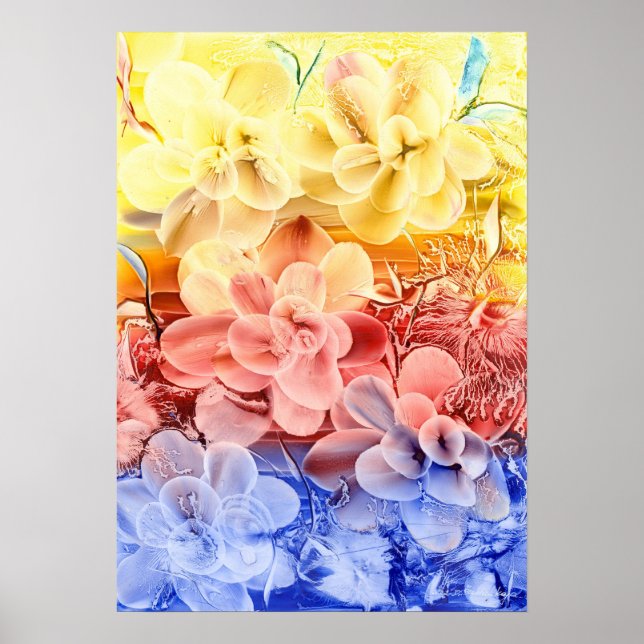 Affiche Hand Painted Fantasy Floral Art - Yellow Red Blue  (Devant)