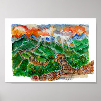 Affiche Hand Painted Great Wall of China Watercolor Art