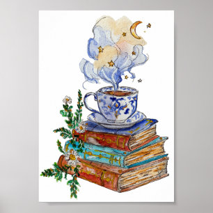 Affiche Hand Painted Magical Books Steaming Cup Watercolor