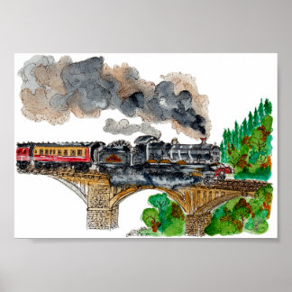 Affiche Hand Painted Steam Train Locomotive Watercolor