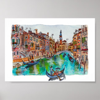 Affiche Hand Painted Venice Canals and gondolas Watercolor