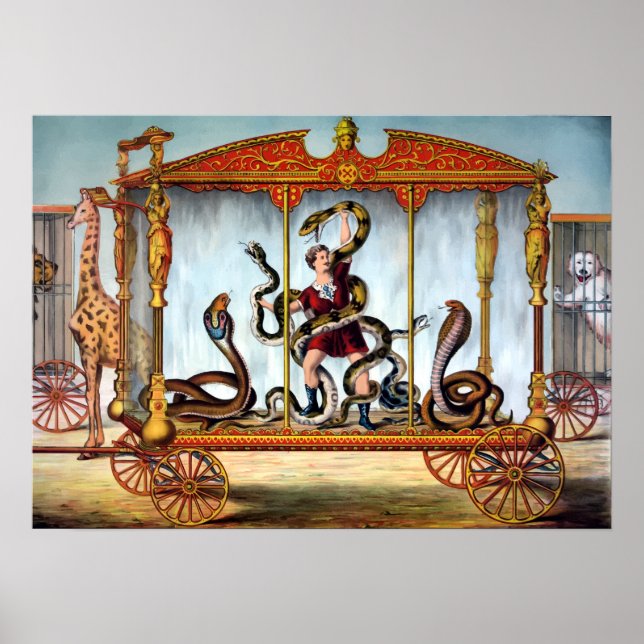 Affiche Handler de serpent de cirque vintage et animaux en (Devant)