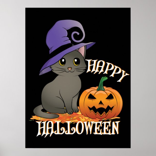 Affiche Happpy Halloween Chat avec Citrouille (Devant)