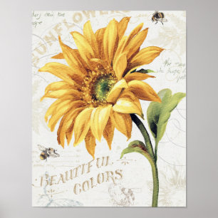 Affiche Happy Bees and Yellow Sunflowers