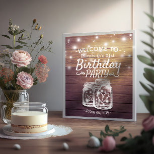 Affiche Happy Birthday Party Wood Mason Jar Lights Welcome