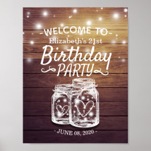 Affiche Happy Birthday Party Wood Mason Jar Lights Welcome