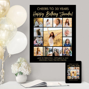 Affiche Happy Birthday Photo Collage moderne Noir et Or