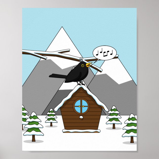 Affiche Happy Blackbird chanter dans le paysage hivernal (Devant)